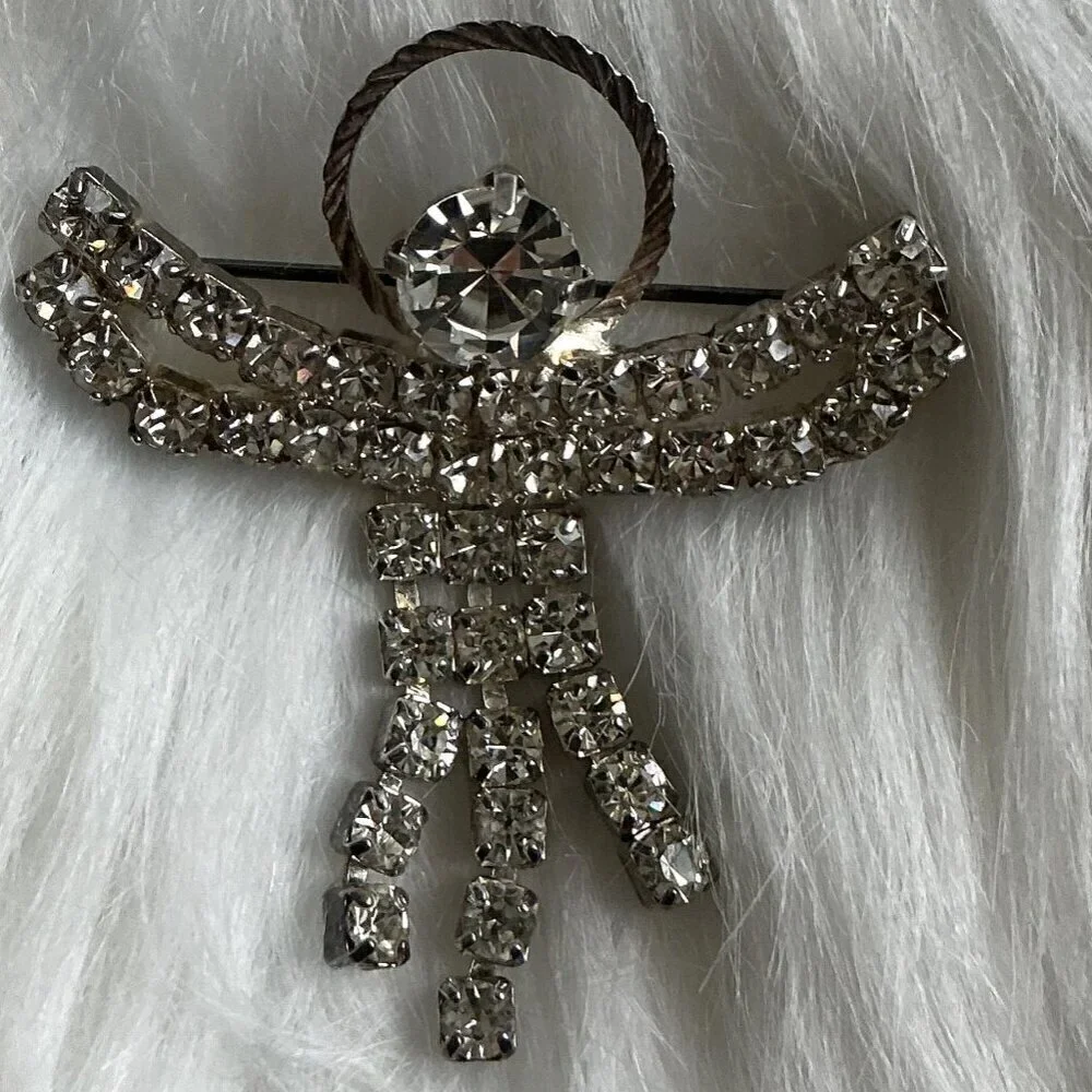 VINTAGE RHINESTONE SILVER ANGEL BROUCH